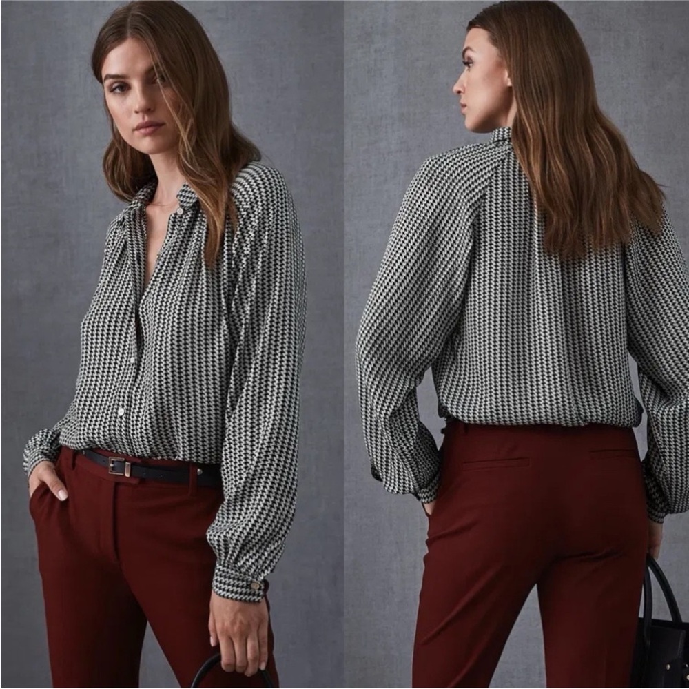 Reiss Viola Houndstooth Button Down Blouse Black White Size 2 Long Sleeve